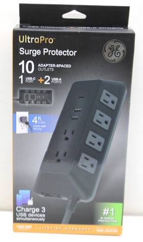 90172668 General Electric Ge 10-outlet Surge Protector 2 Usb-a And 1 Usb-c 3540j 4ft Braided Cord Black