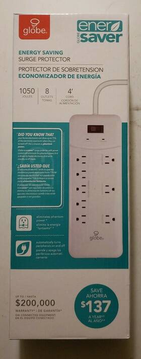 Globe 058219782507 New Energy Saver 8 Outlet Surge Protector Multiple Threshold 4 Ft Cord