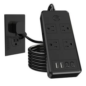 Gotmar 767552926591 Flat Plug Surge Protector Power Strip With 5ft Extension Cord 4 Outlets Usb