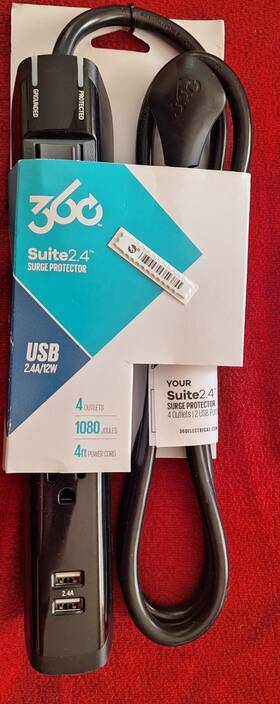 360562 Habitat 360 Surge 4 Outlet Protector Ft Cord 1080 Joules.ste Usb 2.4a/12w New