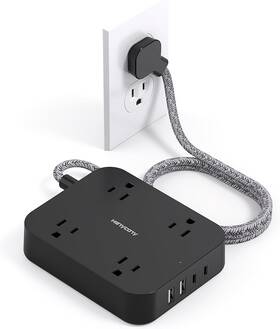 Hanycony 744110475098 Black Flat Plug Extension Cord 5ft Power Strip With 4 Usb Ports 2 C Wid
