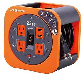 Em-el-275e Hongyi Link2home Cord Reel 25 Ft. Extension 3 Power Outlets 2 Usb Ports Orange