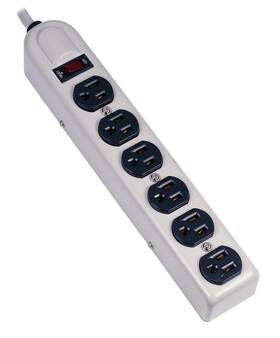 Hbl6mps Hubbell Straight Blade Devices Plug Strip 6 Receptacles Metallic Body 6ft Cord
