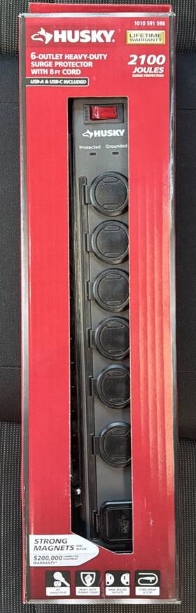2100 Husky 313017797710 8 Ft. 14/3 Heavy Duty 6-outlet Joule Surge Protector Black