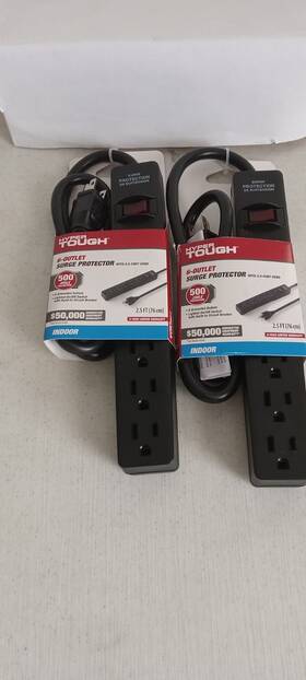 Hyper 082721406712 Tough 6-outlet Surge Protector With 2.5 Foot Cord 500 Juile Black Lot Of 2