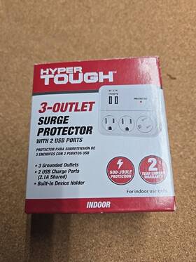 Ct-057b-1 Hyper 082721407276 Tough 3-outlet Surge Protector With 2 Usb Ports- Indoor Ct-057b-1. New