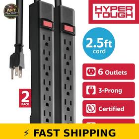 Hyper Tough 082721406729 Surge Protector 6 Outlets 2.5ft Cord Black 2-pack