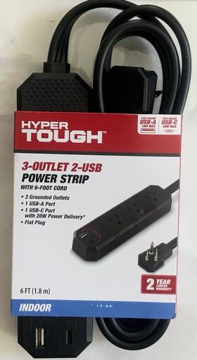 Hyper Tough 859627509630 - 3 Outlet 2 Usb Power Strip 6 Foot Black