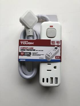 1875 Hyper Tough 970125301501 6-outlet With 4 Usb Surge White 3ft Braided Cord 15 A 125v W