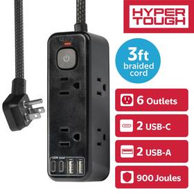 Wm-20624-3wfp Hyper Tough Usb Power Strip 3ft Extension Cord 6 Outlet Usb-a Usb-c