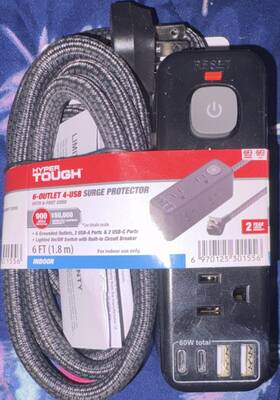 Hyper Tough Wm-20624-6-60wb 6-outlet 4-usb Surge Protector 6ft Cord Black United States Plug