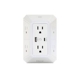 2ihac1001wht Ihome 810131226589 6 Ac Grounded Wall Tap Usb-c Led Light 1080j Surge Protection