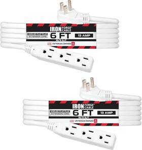 Iron Forge Cable 313105054077 6 Ft Flat Plug Extension Cord 3 Outlets 2 Pack Power Strip Lo