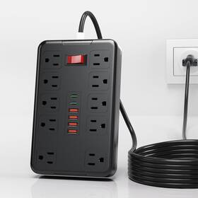 Jepozra 767065199178 Surge Protector Extension Power Strip Cord Plug 10 Widely Spaced 6ft-black