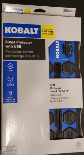2516027 Kobalt 10ft Kink-free Cord 10 Outlet 2 Usb Ports Indoor Surge Protector New