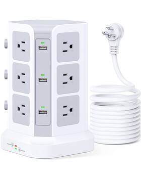 Koosla 799132960497 Surge Protector Power Strip Tower 16.4 Ft Extra Long Cord Flat Plug -