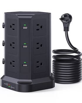 Koosla 799132960596 Surge Protector Power Strip Tower 16.4 Ft Extra Long Cord Flat Plug -