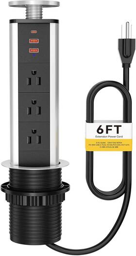 Kungfuking 705353173097 Pop Up Outlet For Countertop 3 Ac Outlets 2 Usb-a Ports And 1 Usb-c Pd Charger