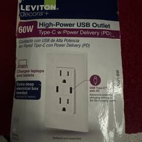 Leviton 078477471494 Usb Wall Outlet High Power Dual Type-c/c Delivery 60w 6a Charger