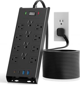 Lezone 313038990992 Flat Plug Power Strip 10ft Extension Cord 12 Outlets 2 Usb C And Ports