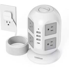 Lukyamzn 313034881843 8-outlet Tower Surge Protector Power Strip With 10 Ft. Lat Extension Cord And 4