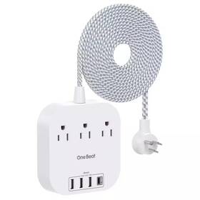 Lukyamzn 313038430443 15 Ft. Braided Cord Power Strip With Flat Plug 3-outlets 4-usb Ports 1 Usb-c
