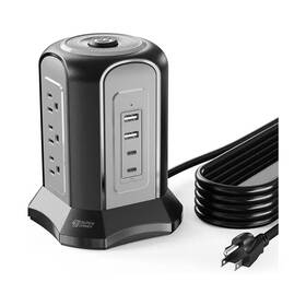 Lukyamzn 313049022095 10 Ft. Plug Extension Cord Power Strip Tower 9-outlets Surge Protector In Black