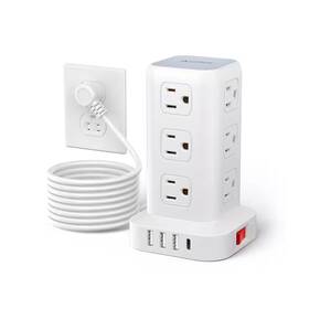Lukyamzn 445011854892 10 Ft. Flat Plug Extension Cord Power Strip Tower 12-outlets Surge Protector In