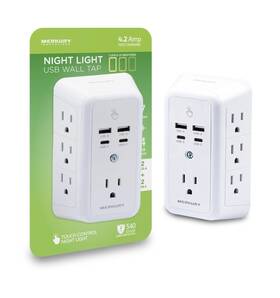 540j Merkury Iinnovations 194383076605 Night Light Wall Tap With 7 Ac Outlets Usb-a And Usb-c Ports Surge Protection