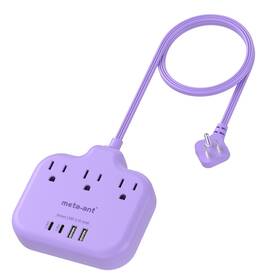 Meta-ant 768825601726 Purple Travel Power Strip - 5ft Short Extension Cord With 3 Ac Outlets 4 Usb
