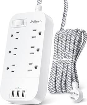 Mifaso 313052888879 Power Strip - 10 Ft Long Flat Plug Extension Cord 6 Outlets 3 Usb Ports Outlet