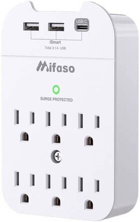 Mifaso 653476975817 Outlet Extender - Wall Surge Protector With 6 Outlets 3 Usb 1 C 2 A