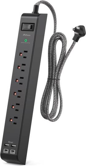 Mfs311bm Mifaso Surge Protector Power Strip 15 Ft With 4 Usb Ports 2 Usb-c 6 Ac 15ft Black
