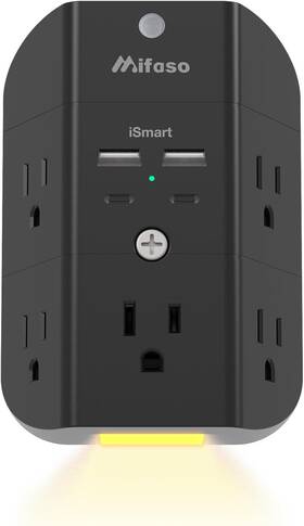 Mfs6082c2 Mifaso Surge Protector Outlet Extender With Night Light 5-outlet Splitter And Black