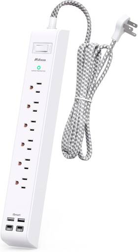 Mfs311tm Mifasopower Surge Protector Power Strip 15 Ft With 4 Usb Ports 2 Usb-c 6 Ac Outlets Flat Pl