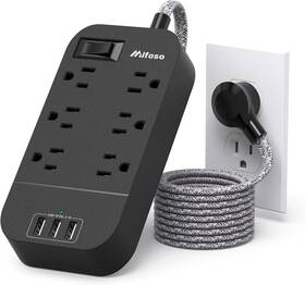 Mfs6003bl Mifasopower Power Strip - 10 Ft Long Flat Plug Extension Cord 6 Outlets 3 Usb Ports Outlet