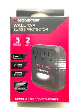 Monster 850005047223 3 Ground Outlets/2-2.1 Usb Ports Wall Tap Surge Protector 900 Joules New