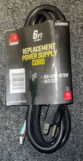 89223 Morris Products Cat#89223 15a - 125v 1875w 14/3 Sjt 6ft Replacement Power Supply Cord