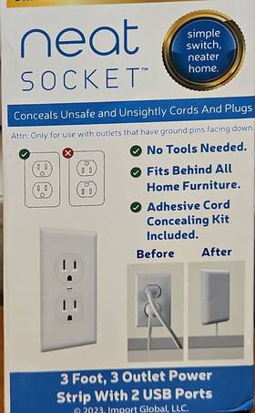 Neat Socket 427296754050 3ft Flat Extension Cord With Usb Ports Ultra Thin Plug
