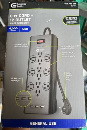 No Asin 818897011388 Commercial Electric 6 Ft. 12-outlet Black Surge Protector With 3-usb