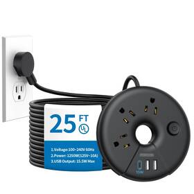 Ntonpower 941833918169 Extra Long Extension Cord 25 Ft Flat Plug Power Strip With 3 Outlets Usb Po