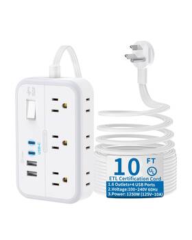 Ntonpower 941833919562 10 Ft Flat Extension Cord Plug Surge Protector Power Strip With 6 Outlet