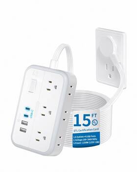 Ntonpower 941833919579 Flat Extension Cord 15 Ft Surge Protector Power Strip With 6 Widely Outlets 4 Us