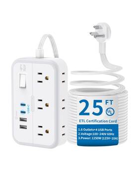 Ntonpower 941833919586 Flat Extension Cord 25 Ft Surge Protector Power Strip With 6 Outlets 4 Usb P