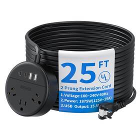 Ntonpower 941833921770 2 Prong Power Strip 1875w/15a Long Extension Cord 25 Ft To 3 Outle