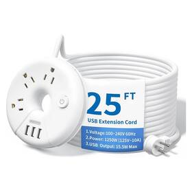 Ntonpower 974255312390 Extra Long Extension Cord 25 Ft Flat Plug Power Strip With Usb Ports 3 Outlet