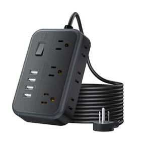 Ntonpower 974255314349 25 Ft Flat Plug Extension Cord 6 Outlets 4 Usb Wall Mount Black Power Strip