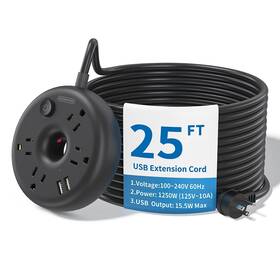 Ntonpower 975428689370 25ft Black Power Strip With 4 Outlets 2 Usb Ports Desktop Extension Cord O