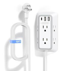 Nton-dtp-6a2u1c-us-wh-bx-3m Ntonpower Power Strip With Flat Plug 15 Ft Cord Extension White