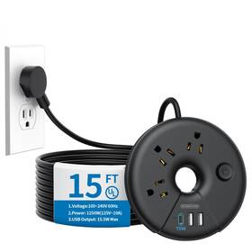 Odr-3a2u1c-us-bk-4.6m Ntonpower Extra Long Extension Cord 15 Ft Flat Plug Power Strip With 3 Outlets Usb Po